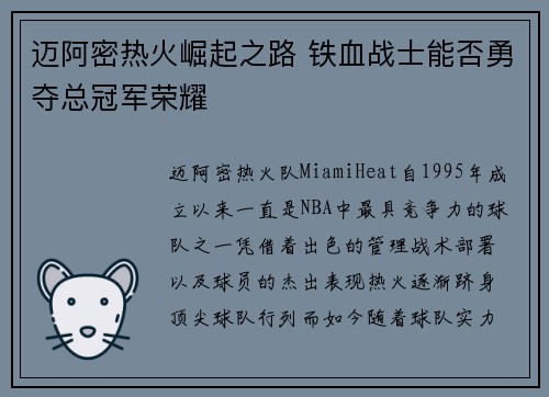 迈阿密热火崛起之路 铁血战士能否勇夺总冠军荣耀