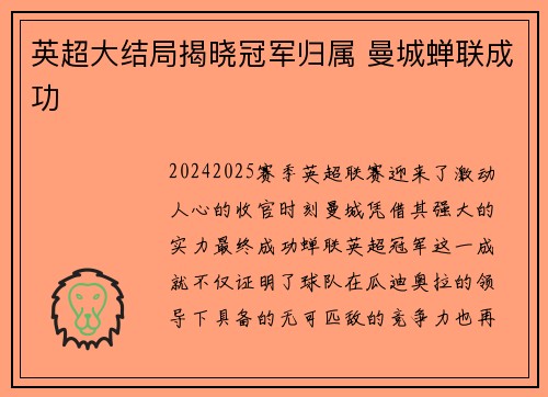 英超大结局揭晓冠军归属 曼城蝉联成功 英超大结局揭晓冠军归属 曼城蝉联成功