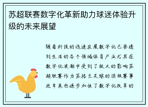 苏超联赛数字化革新助力球迷体验升级的未来展望 苏超联赛数字化革新助力球迷体验升级的未来展望